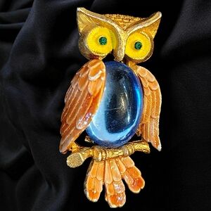 JJ Jelly Belly Owl Brooch Blue Glass